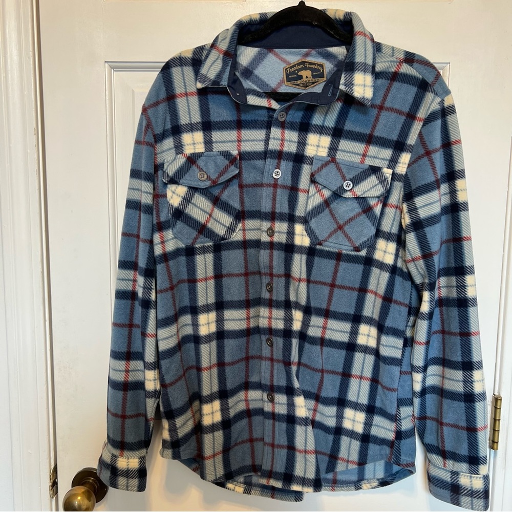 Freedom Foundry Fleece Shirt Mens Blue Plaid Flannel Shacket Button Up Sz MEDIUM